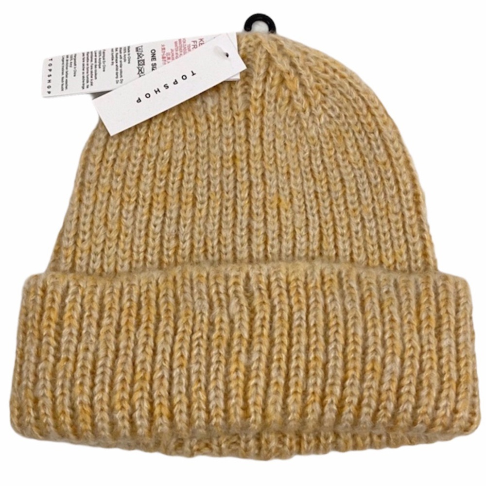 TOPSHOP Knitted Beanie Gold Ribbed Winter Hat Stocking Cap